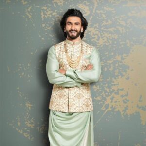 Men’s Mint Green Kurta with Embroidered Jacket & Dhoti Pant – Premium Festive Wear