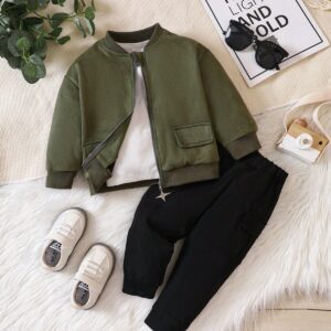 Kids Olive Green Bomber Jacket with Black Joggers