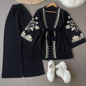 Women Black Embroidered Jacket Top with Palazzo Pants