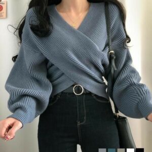 Dusty Blue Wrap-Style Ribbed Knit Sweater