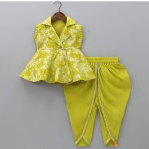 Girls Lime Green Floral Peplum Top with Dhoti Pants