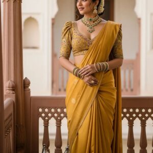 Shahi Kesar Mustard Embroidered Saree with Designer Blouse