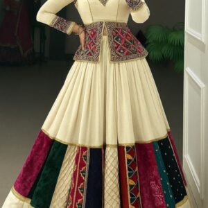 Ivory Multicolor Panel Anarkali with Embroidered Peplum Jacket
