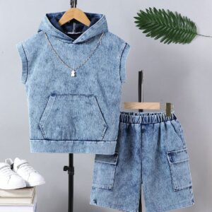 Kids Blue Denim Sleeveless Hoodie with Cargo Shorts – Trendy Co-Ord Set