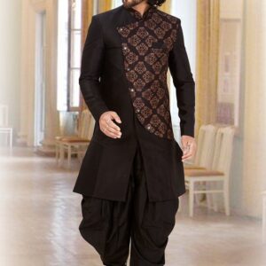 Men’s Black Asymmetric Sherwani with Printed Panel & Dhoti Pants – Designer Festive Wear