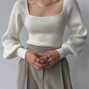 Ivory Square-Neck Ribbed Knit Top with Puff Sleeves