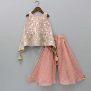 Girls Blush Pink Embroidered Kurti with Palazzo Pants