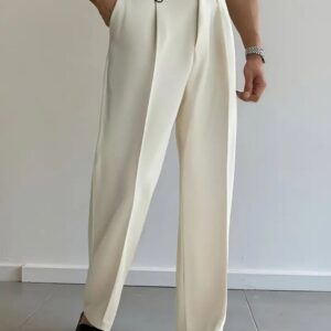 Men’s Ivory Pleated Relaxed-Fit Trousers – Modern Tailored Casual Pants