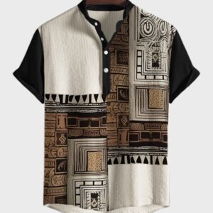 Men’s Patchwork Ethnic Print Mandarin Collar Shirt