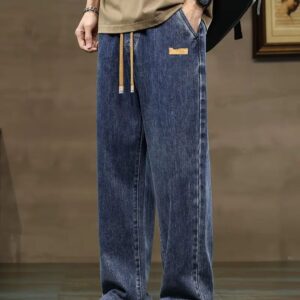 Men’s Dark Blue Wide-Leg Denim Pants – Relaxed Fit Drawstring Jeans