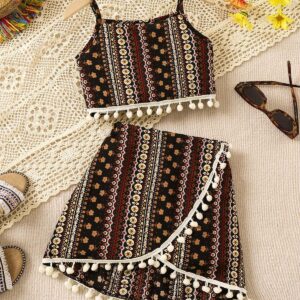 Girls Black Printed Crop Top with Wrap Skirt