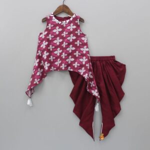 Girls Maroon Printed Kurti with Dhoti Pants – Ethnic Festive Wear Set