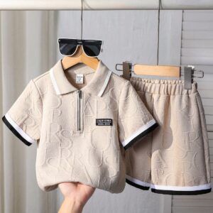 Kids Beige Textured Polo T-Shirt with Shorts – Premium Co-Ord Set