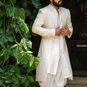 Men’s Ivory Textured Long Sherwani with Dhoti Pants – Elegant Wedding & Festive Wear