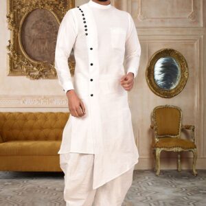 Men’s Ivory White Asymmetric Kurta with Dhoti Pants – Designer Wedding & Festive Wear