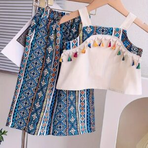 Girls Blue Ethnic Printed Top with Skirt – Boho Festive Co-Ord Set