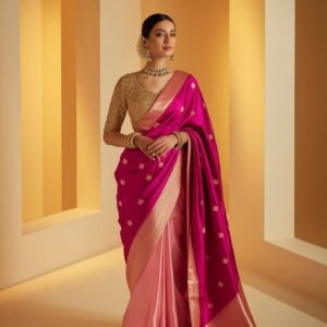 Royal Magenta Silk Saree with Blush Pink Zari Border