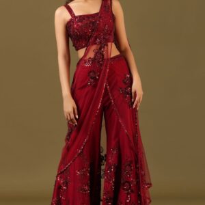 Wine Red Embellished Saree Pant Set with Sequin Blouse