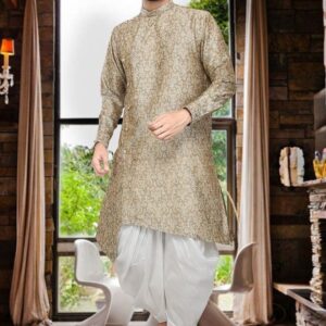 Men’s Gold Brocade Asymmetric Kurta with White Dhoti Pants – Luxury Wedding & Festive Wear