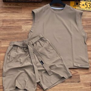 Men Beige Sleeveless Top with Shorts – Casual Summer Co-Ord Set
