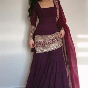 Wine Elegance Embroidered Sharara Set with Dupatta