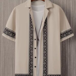 Men’s Beige Ethnic Border Print Short Sleeve Shirt