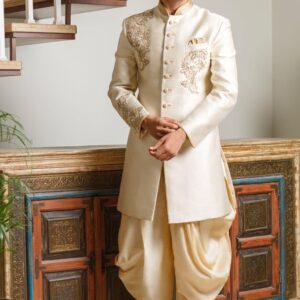 Men’s Ivory Embroidered Sherwani with Dhoti Pants – Royal Wedding & Festive Wear
